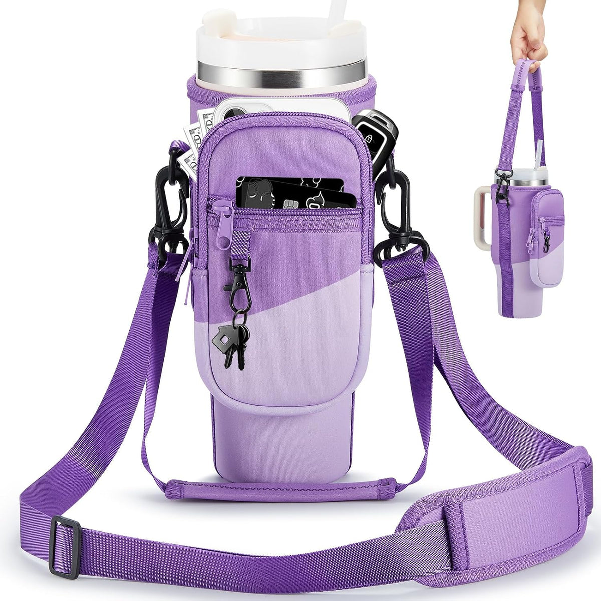 Water Bottle Carrier Bag with Phone Pocket for Stanley 40 & 30 oz Tumbler with Handle,Pink Insulated Neoprene Cup Holder Pouch w/Adjustable Strap for Quencher H2.0 Stanley Cup Accessories