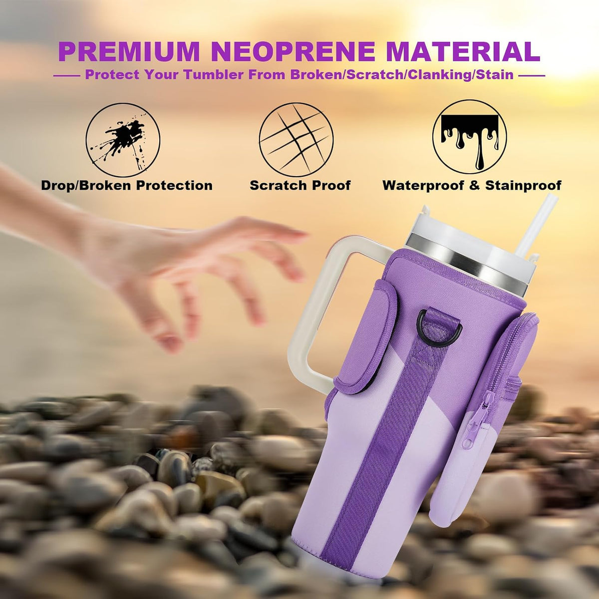 Water Bottle Carrier Bag with Phone Pocket for Stanley 40 & 30 oz Tumbler with Handle,Pink Insulated Neoprene Cup Holder Pouch w/Adjustable Strap for Quencher H2.0 Stanley Cup Accessories
