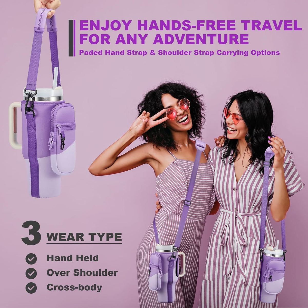 Water Bottle Carrier Bag with Phone Pocket for Stanley 40 & 30 oz Tumbler with Handle,Pink Insulated Neoprene Cup Holder Pouch w/Adjustable Strap for Quencher H2.0 Stanley Cup Accessories