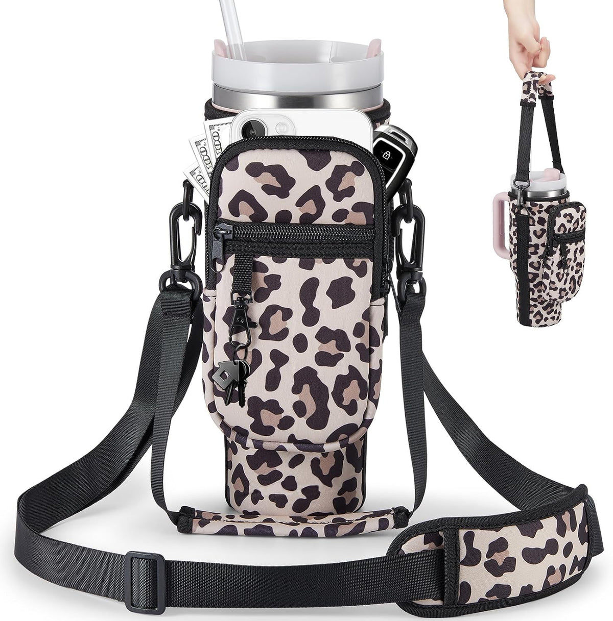 Water Bottle Carrier Bag with Phone Pocket for Stanley 40 & 30 oz Tumbler with Handle,Pink Insulated Neoprene Cup Holder Pouch w/Adjustable Strap for Quencher H2.0 Stanley Cup Accessories