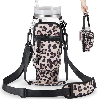 Water Bottle Carrier Bag with Phone Pocket for Stanley 40 & 30 oz Tumbler with Handle,Pink Insulated Neoprene Cup Holder Pouch w/Adjustable Strap for Quencher H2.0 Stanley Cup Accessories