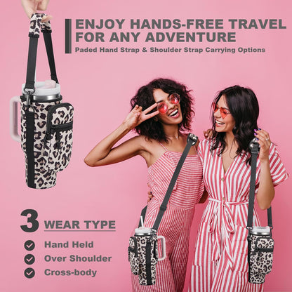 Water Bottle Carrier Bag with Phone Pocket for Stanley 40 & 30 oz Tumbler with Handle,Pink Insulated Neoprene Cup Holder Pouch w/Adjustable Strap for Quencher H2.0 Stanley Cup Accessories