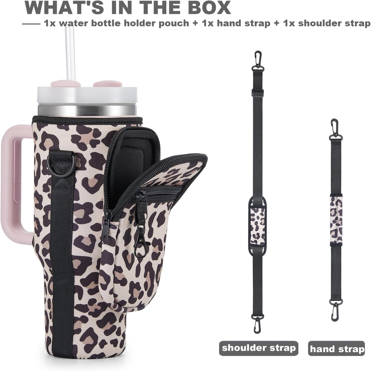 Water Bottle Carrier Bag with Phone Pocket for Stanley 40 & 30 oz Tumbler with Handle,Pink Insulated Neoprene Cup Holder Pouch w/Adjustable Strap for Quencher H2.0 Stanley Cup Accessories