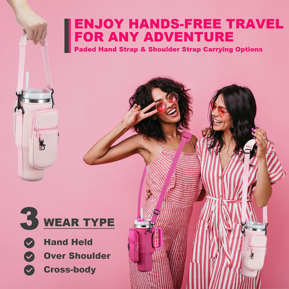 Water Bottle Carrier Bag with Phone Pocket for Stanley 40 & 30 oz Tumbler with Handle,Pink Insulated Neoprene Cup Holder Pouch w/Adjustable Strap for Quencher H2.0 Stanley Cup Accessories