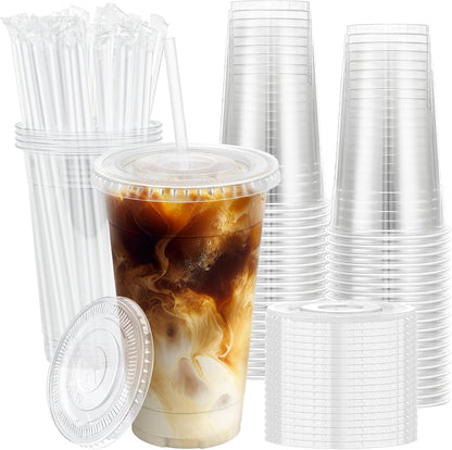 Lamosi 20 oz Plastic Coffee Cups with Lids, Disposable Clear Cups