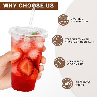Lamosi 20 oz Plastic Coffee Cups with Lids, Disposable Clear Cups