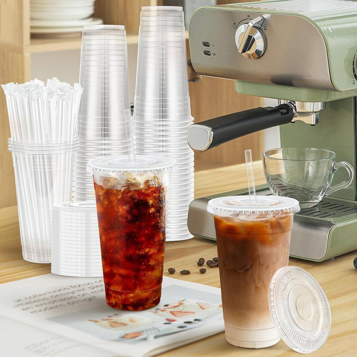 Lamosi 20 oz Plastic Coffee Cups with Lids, Disposable Clear Cups