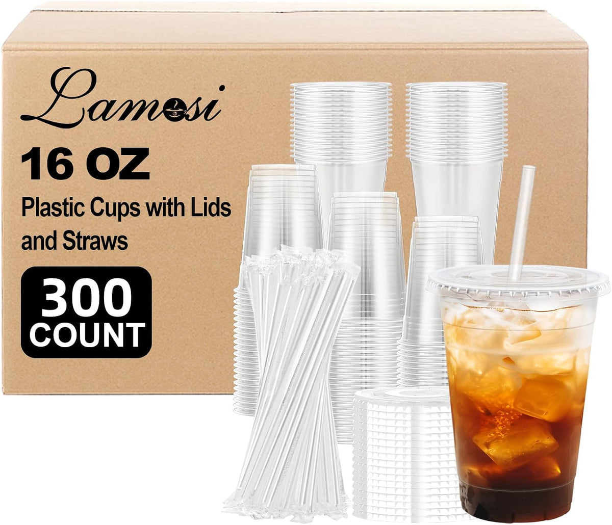Lamosi 20 oz Plastic Coffee Cups with Lids, Disposable Clear Cups