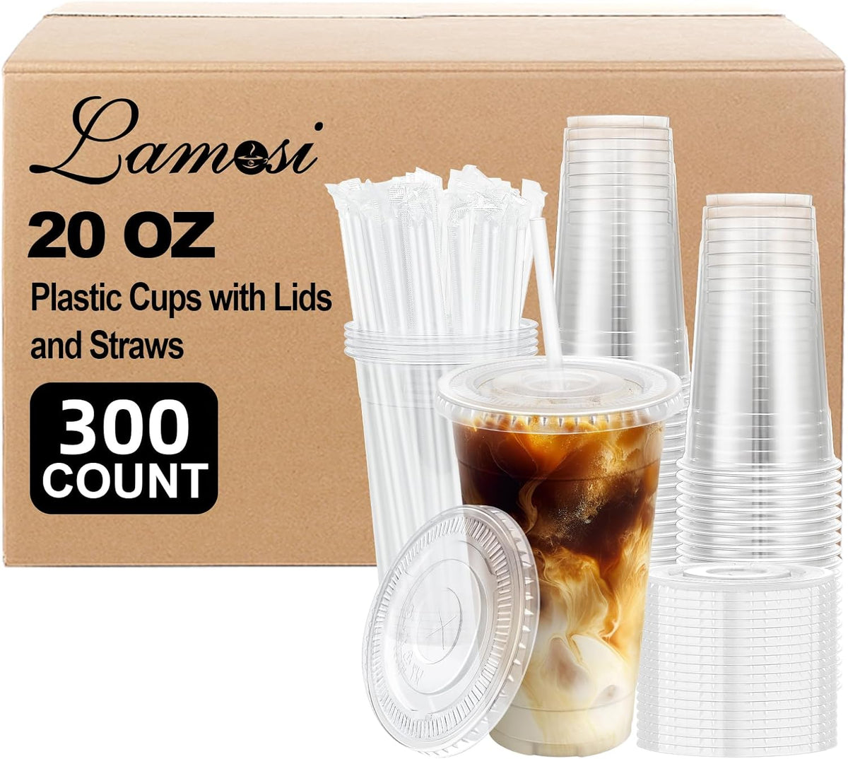 Lamosi 20 oz Plastic Coffee Cups with Lids, Disposable Clear Cups
