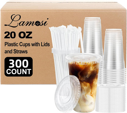 Lamosi 20 oz Plastic Coffee Cups with Lids, Disposable Clear Cups