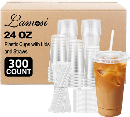 Lamosi 20 oz Plastic Coffee Cups with Lids, Disposable Clear Cups