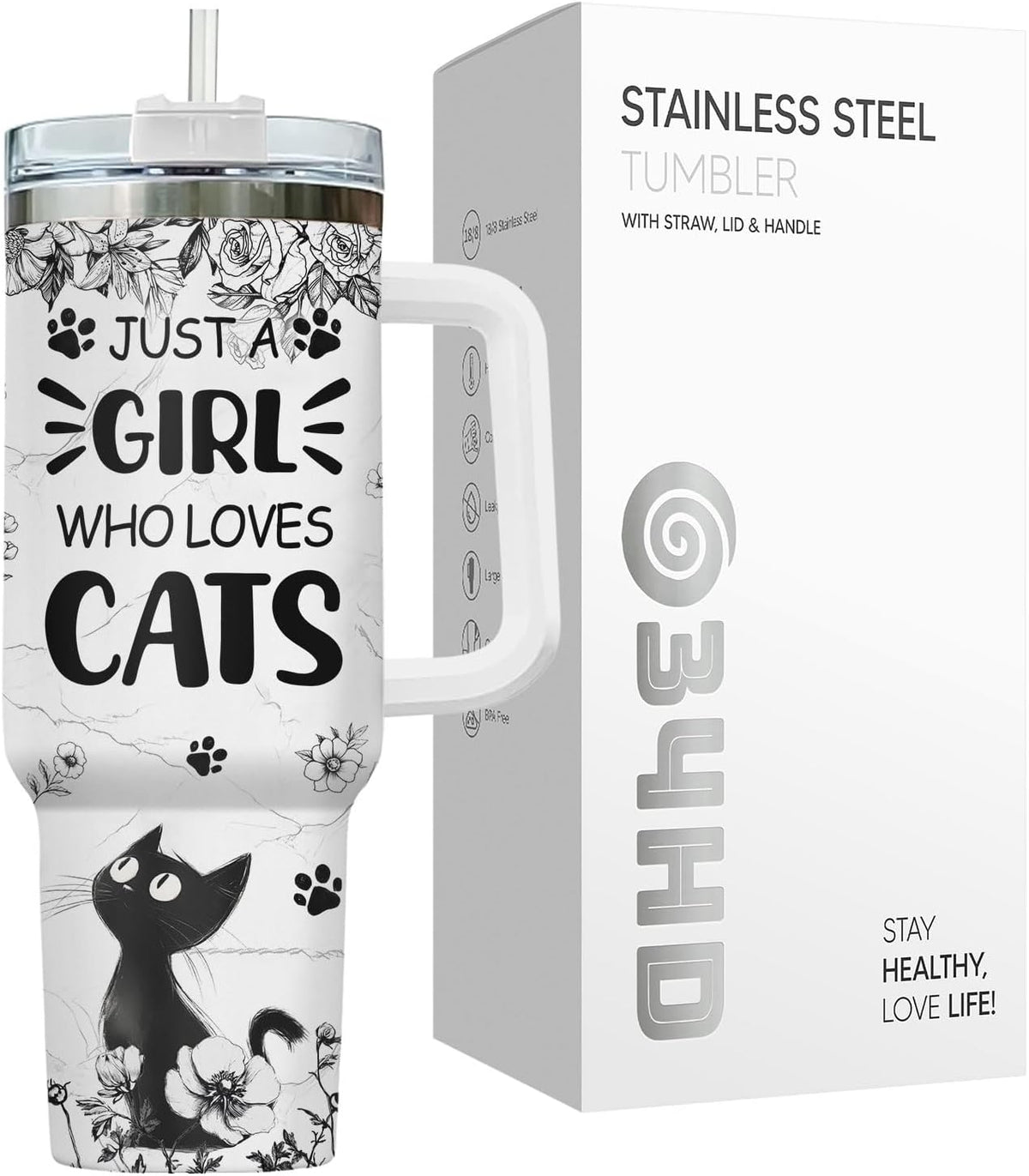 Funny Cat Will Not Harm My 40 oz Tumbler with Handle, Cat Lover Gift | Feline Lover Gift, Feline Kitty Whiskers Paw Meow Fur Baby Heifer Ranch Farmhouse Cattle Moo Tumbler