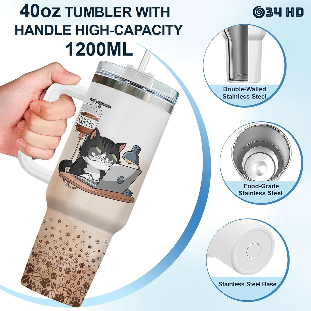 Funny Cat Will Not Harm My 40 oz Tumbler with Handle, Cat Lover Gift | Feline Lover Gift, Feline Kitty Whiskers Paw Meow Fur Baby Heifer Ranch Farmhouse Cattle Moo Tumbler