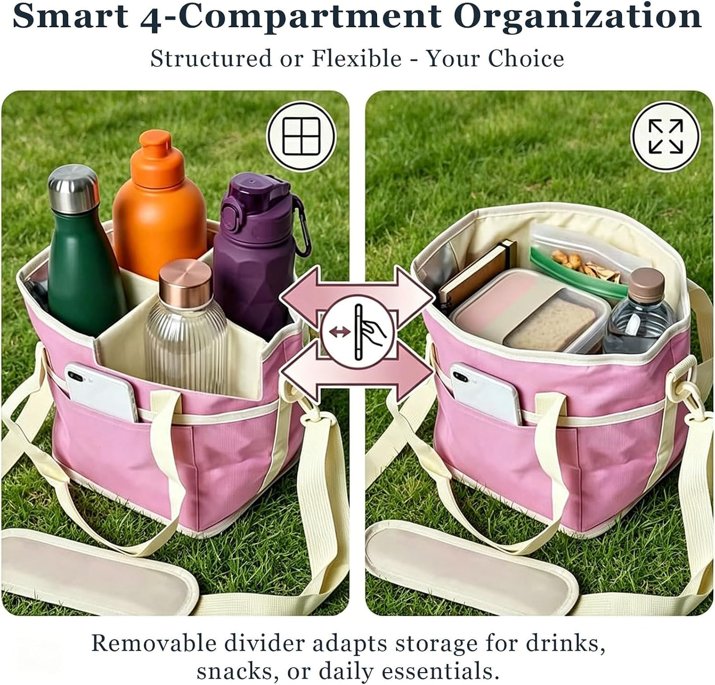 Family Size 4 Compartment Drink Bag, Insulated Multiple Tumbler Holder Caddy with Adjustable Strap, No-Spill Reusable Beverage Carrier for Hiking, Walking, Sports, Travel
