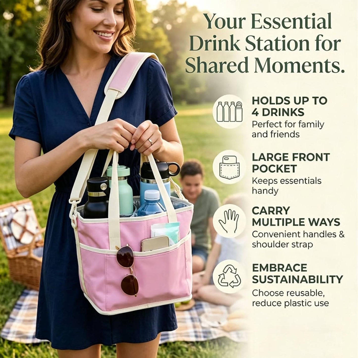 Family Size 4 Compartment Drink Bag, Insulated Multiple Tumbler Holder Caddy with Adjustable Strap, No-Spill Reusable Beverage Carrier for Hiking, Walking, Sports, Travel
