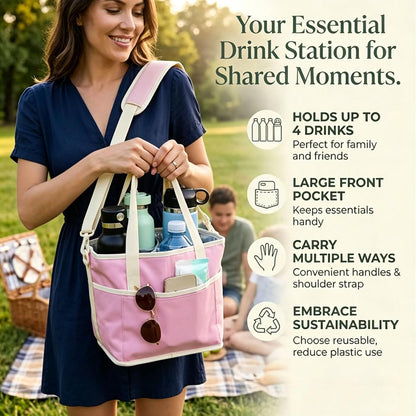 Family Size 4 Compartment Drink Bag, Insulated Multiple Tumbler Holder Caddy with Adjustable Strap, No-Spill Reusable Beverage Carrier for Hiking, Walking, Sports, Travel