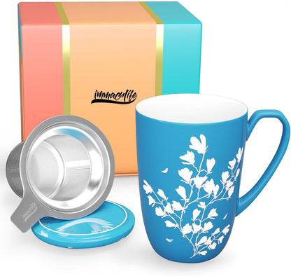 Tea Cup with Infuser and Lid - Tea Mug with Lid for Steeping Loose Leaf Coffee Milk Women Office Home Gift 16oz Navy Flower