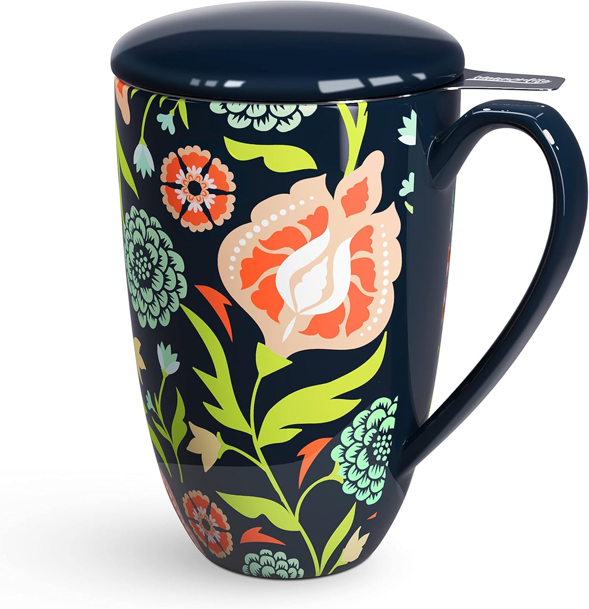 Tea Cup with Infuser and Lid - Tea Mug with Lid for Steeping Loose Leaf Coffee Milk Women Office Home Gift 16oz Navy Flower