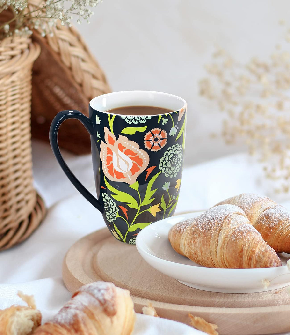 Tea Cup with Infuser and Lid - Tea Mug with Lid for Steeping Loose Leaf Coffee Milk Women Office Home Gift 16oz Navy Flower