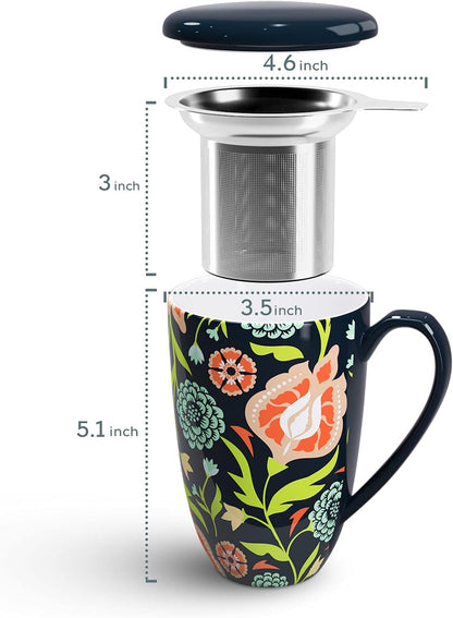 Tea Cup with Infuser and Lid - Tea Mug with Lid for Steeping Loose Leaf Coffee Milk Women Office Home Gift 16oz Navy Flower