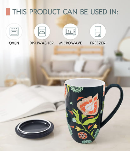 Tea Cup with Infuser and Lid - Tea Mug with Lid for Steeping Loose Leaf Coffee Milk Women Office Home Gift 16oz Navy Flower