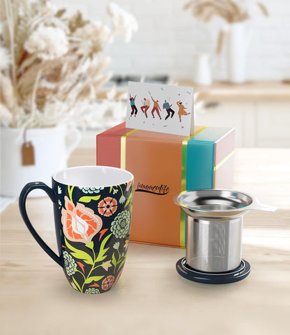 Tea Cup with Infuser and Lid - Tea Mug with Lid for Steeping Loose Leaf Coffee Milk Women Office Home Gift 16oz Navy Flower