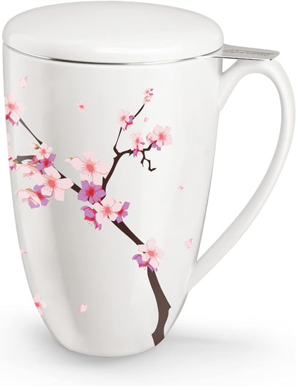 Tea Cup with Infuser and Lid - Tea Mug with Lid for Steeping Loose Leaf Coffee Milk Women Office Home Gift 16oz Navy Flower