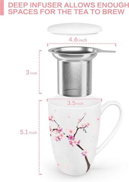 Tea Cup with Infuser and Lid - Tea Mug with Lid for Steeping Loose Leaf Coffee Milk Women Office Home Gift 16oz Navy Flower
