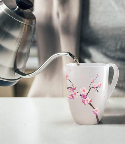 Tea Cup with Infuser and Lid - Tea Mug with Lid for Steeping Loose Leaf Coffee Milk Women Office Home Gift 16oz Navy Flower