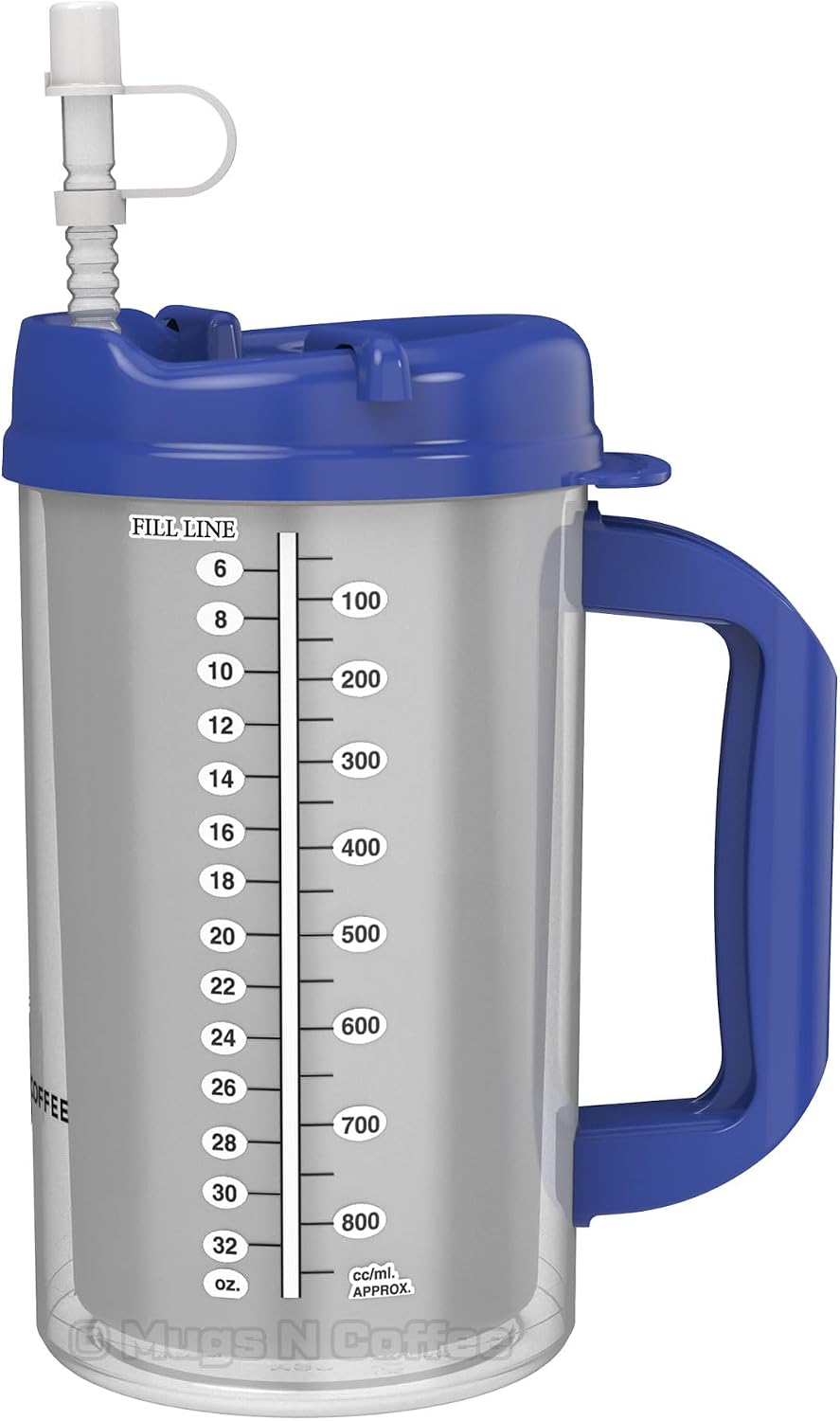 32 oz Travel Mug – Blue Hospital Mug for Cold Drinks – Double Wall Insulated, Large Handle – BPA-Free, Leak-Resistant – Includes Lid and Straw – Made in USA