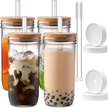 24 oz Glass Cups with Lids and Straws,4 Pce Mason Jars for Smoothie/Coffee