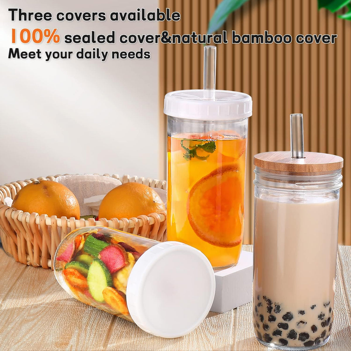 24 oz Glass Cups with Lids and Straws,4 Pce Mason Jars for Smoothie/Coffee