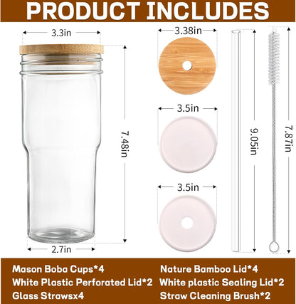 24 oz Glass Cups with Lids and Straws,4 Pce Mason Jars for Smoothie/Coffee