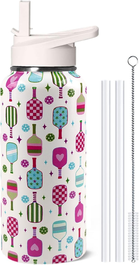 32 oz Pickleball Insulated Water Bottle with Straw - Pickleball Gym Hiking Sports Coffee Mug | Perfect Pickleball Gifts for Women, Pickleball Decor Accessories - Colors B