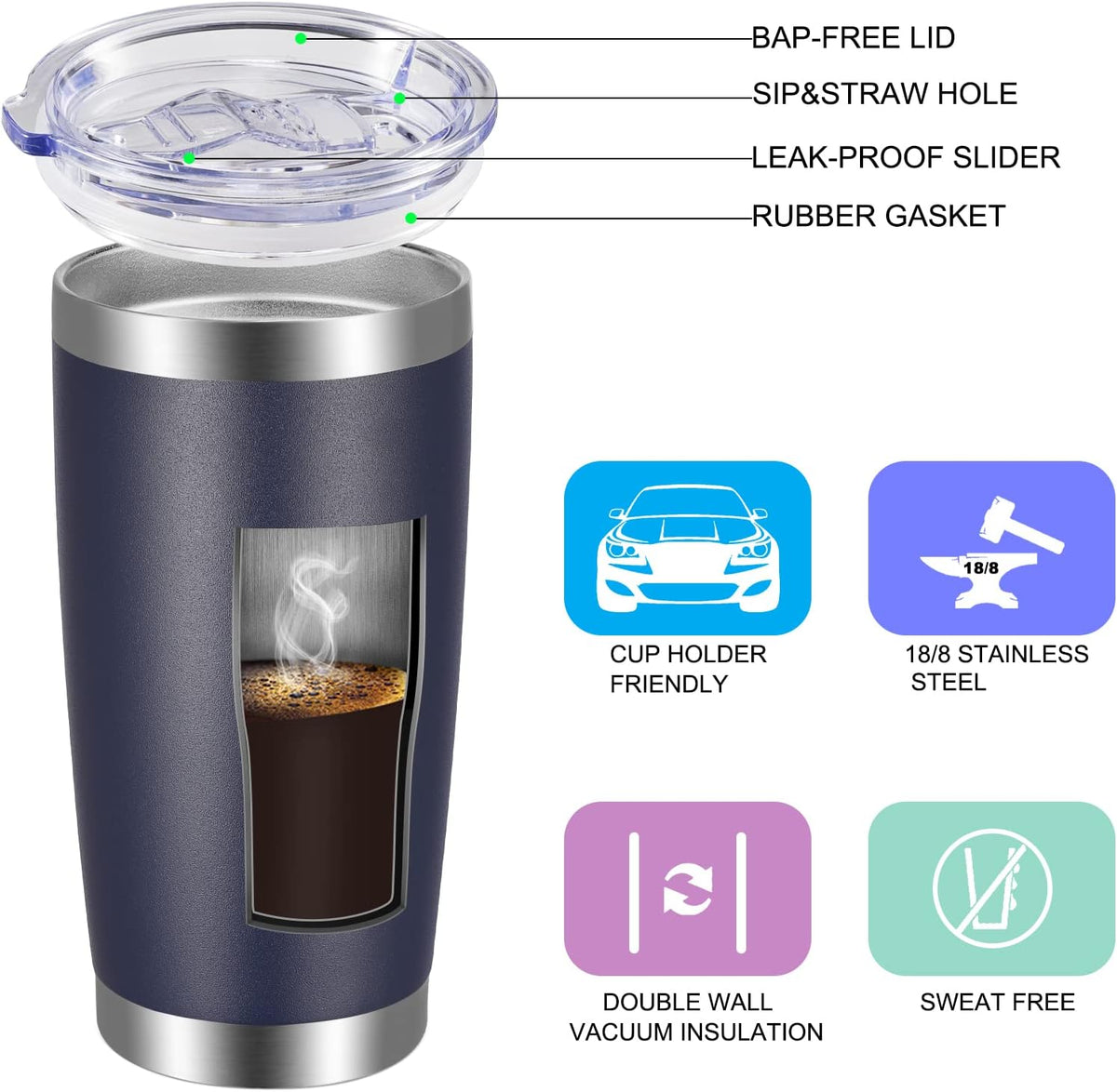 20oz Tumbler with Lid and Straw Stainless Steel Tumbler Cup Vacuum Insulated Double Wall Travel Coffee Mug Powder Coated Coffee Cup, Sky Blue, 1 Pack
