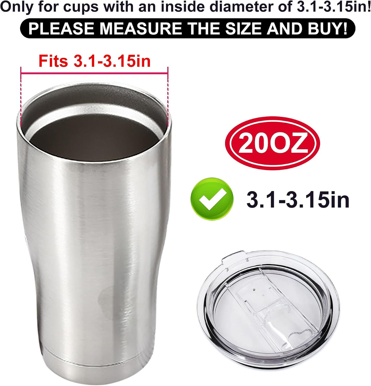 2 Replacement Lids for Stainless Steel Tumbler Travel Cup - Fits OF Inner diameter 3.7 to 3.74 INCH Yeti Rambler and others (Transparent) (30 OZ)