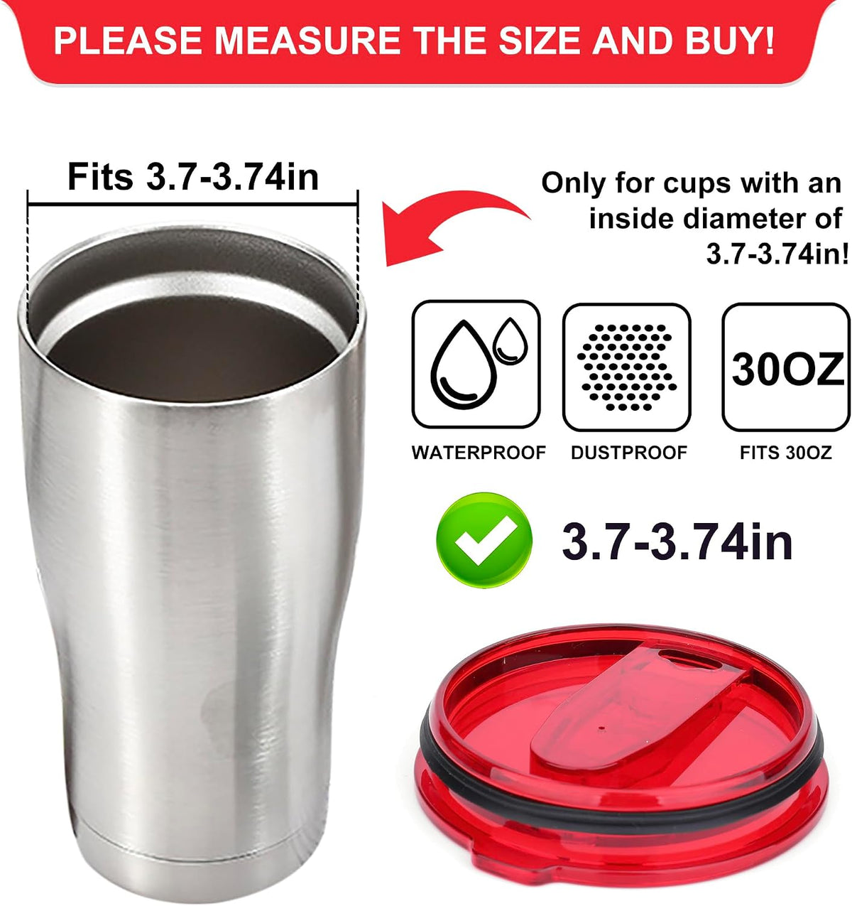 2 Replacement Lids for Stainless Steel Tumbler Travel Cup - Fits OF Inner diameter 3.7 to 3.74 INCH Yeti Rambler and others (Transparent) (30 OZ)