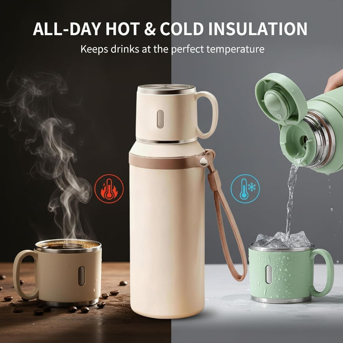 2 In 1 Stainless Steel Vacuum Insulated Bottle With Lidded Cup, 316 Stainless Steel Water Bottle, 600ml/20.3 fl oz Wide Mouth Design, Leakproof Large Capacity for Travel, Gym (Green)