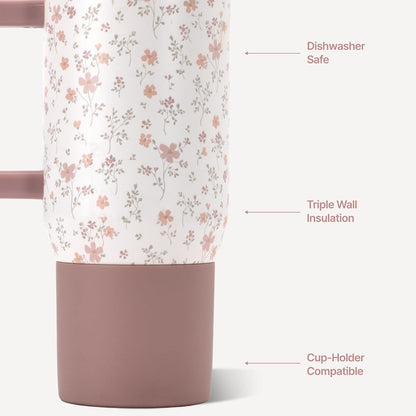 Coffee Traveler 20oz Ceramic-Lined Mug with Handle, Dusty Rose