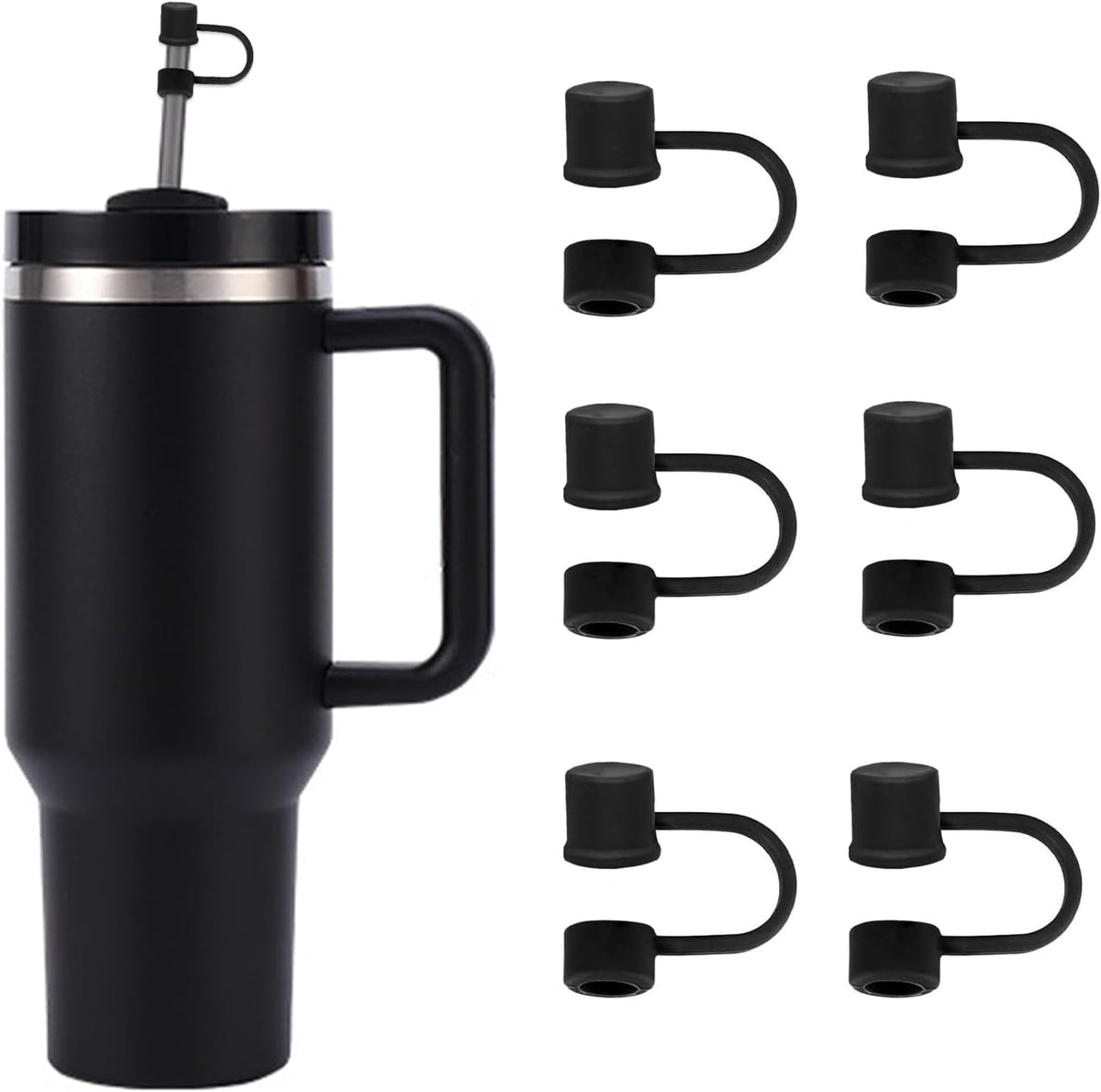 6PCS Silicone Straw Covers Cap Compatible with Stanley Cup 30-40 oz Tumbler with Handle 10mm Straw Toppers，Dust-Proof Reusable Straw Cover for Stanley Cup Accessories (Black)