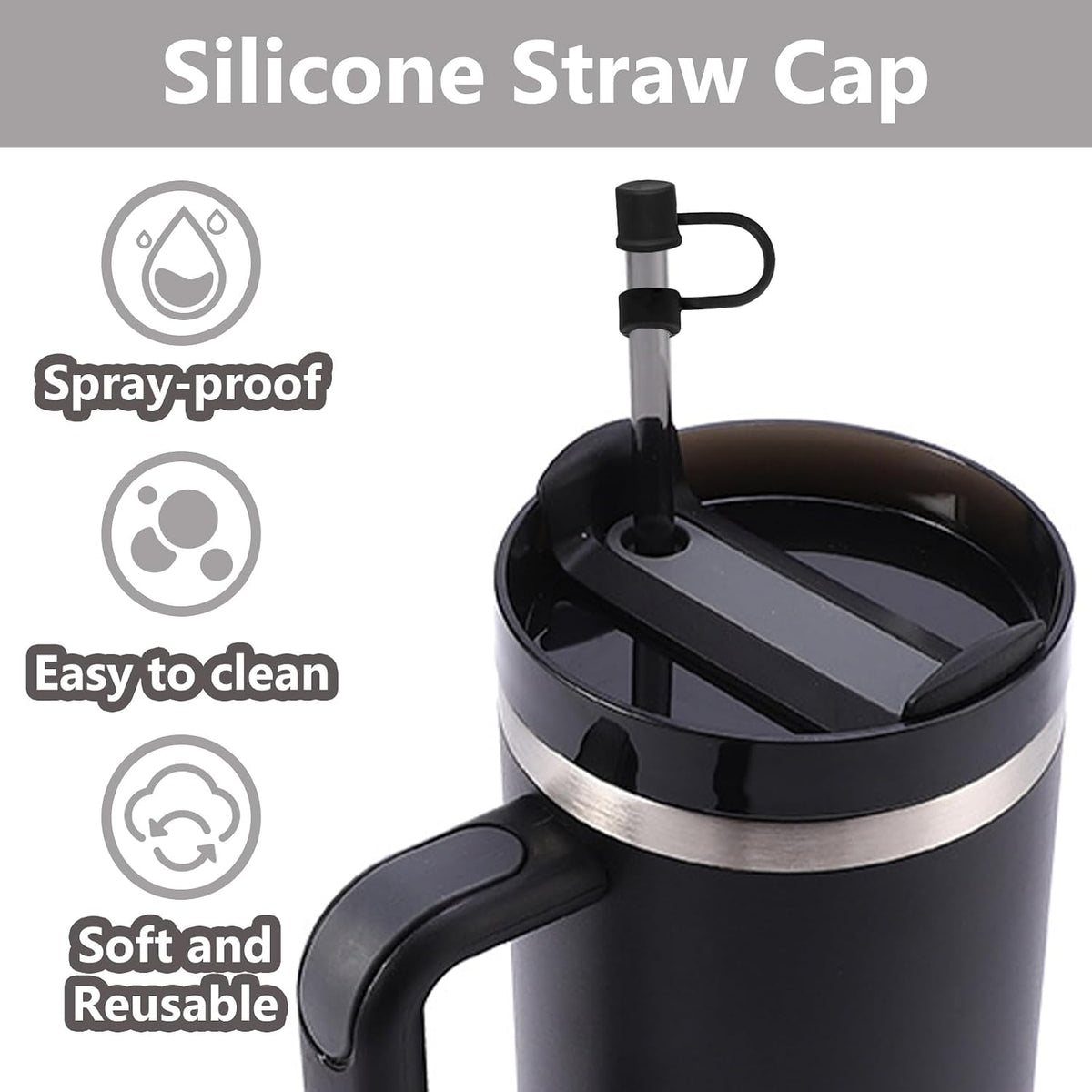 6PCS Silicone Straw Covers Cap Compatible with Stanley Cup 30-40 oz Tumbler with Handle 10mm Straw Toppers，Dust-Proof Reusable Straw Cover for Stanley Cup Accessories (Black)