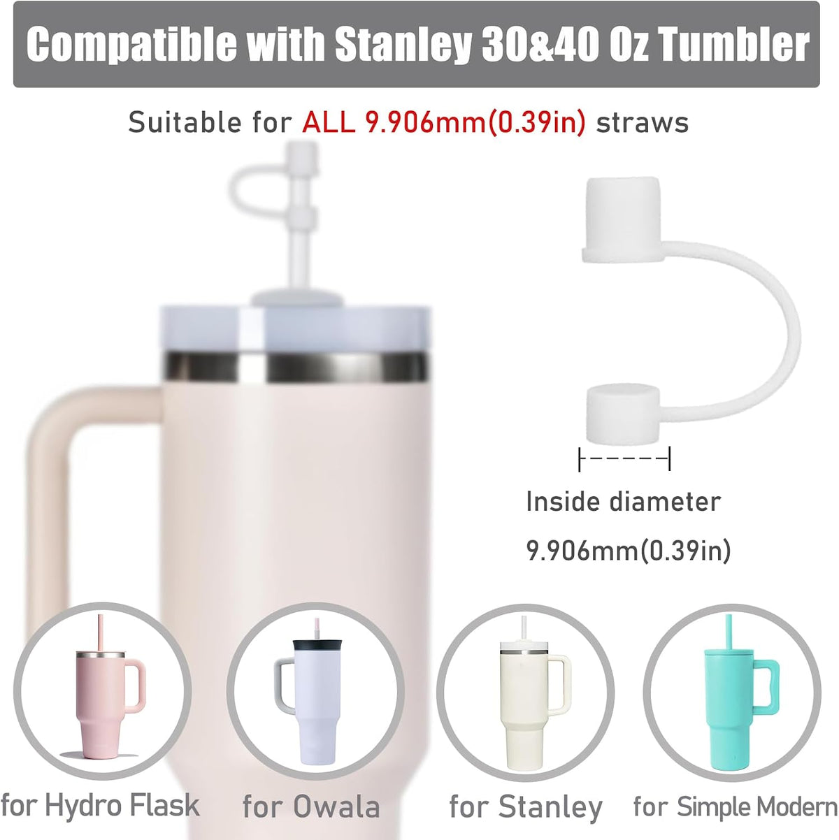 6PCS Silicone Straw Covers Cap Compatible with Stanley Cup 30-40 oz Tumbler with Handle 10mm Straw Toppers，Dust-Proof Reusable Straw Cover for Stanley Cup Accessories (Black)