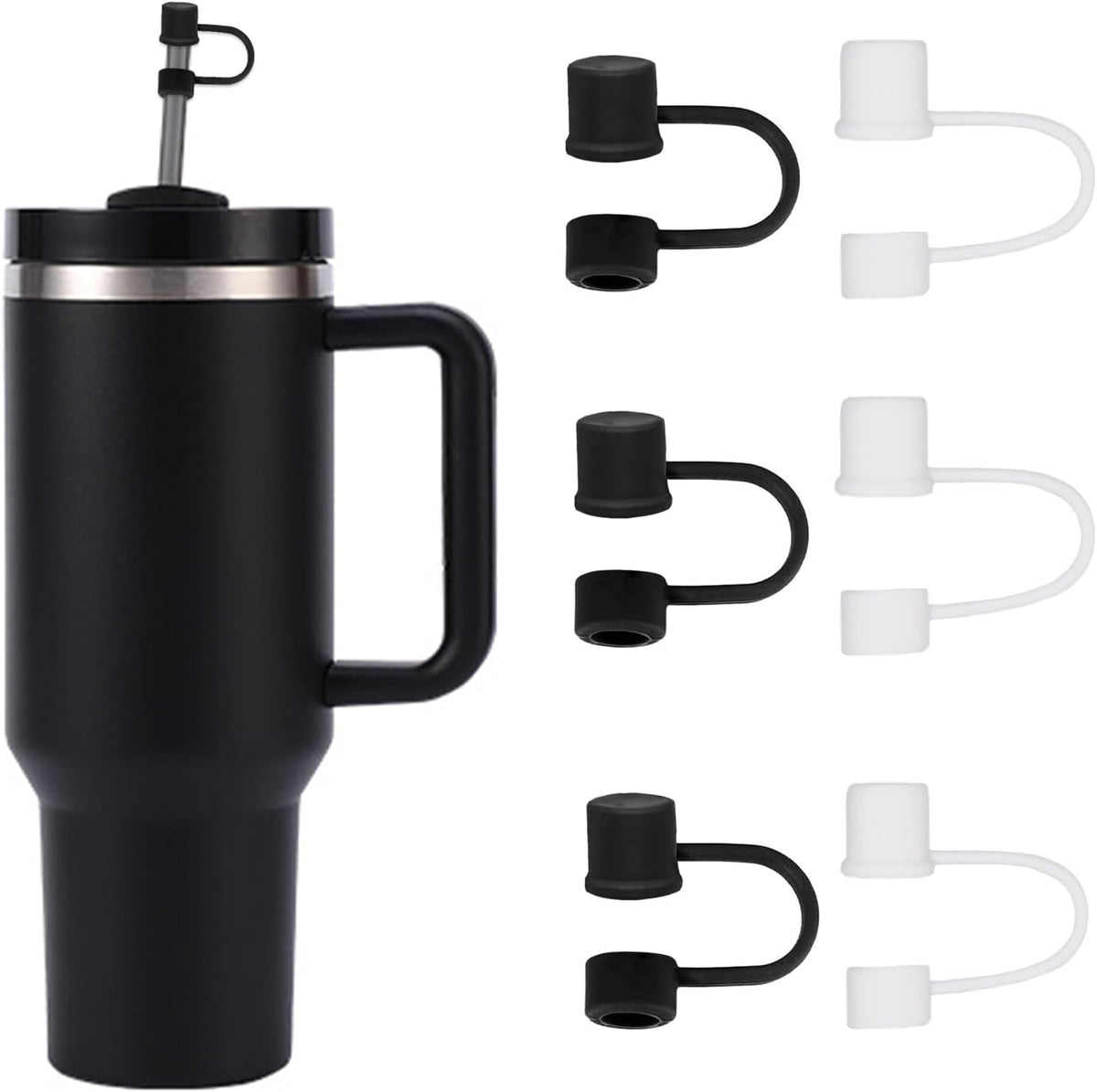 6PCS Silicone Straw Covers Cap Compatible with Stanley Cup 30-40 oz Tumbler with Handle 10mm Straw Toppers，Dust-Proof Reusable Straw Cover for Stanley Cup Accessories (Black)
