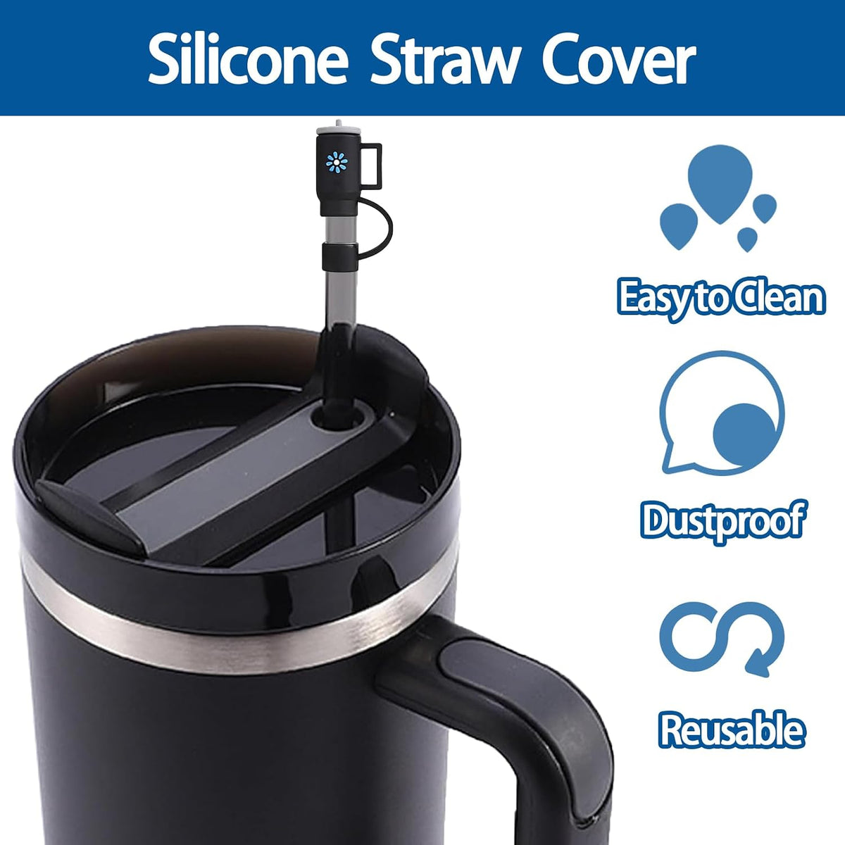 6PCS Silicone Straw Covers Cap Compatible with Stanley Cup 30-40 oz Tumbler with Handle 10mm Straw Toppers，Dust-Proof Reusable Straw Cover for Stanley Cup Accessories (Black)