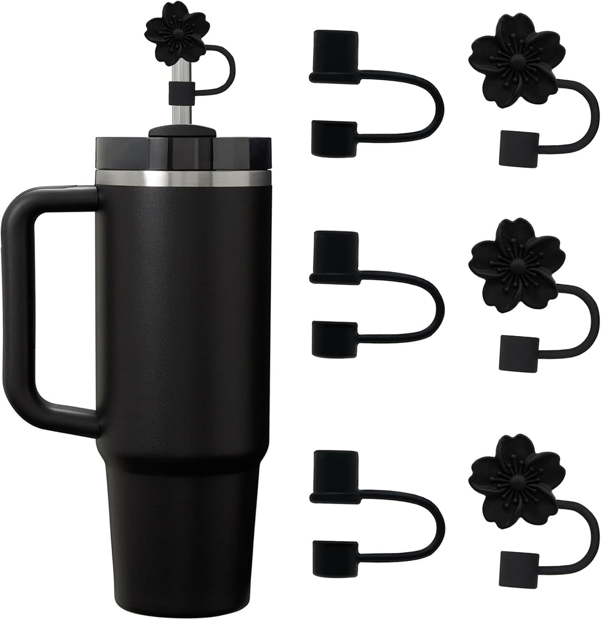 6PCS Silicone Straw Covers Cap Compatible with Stanley Cup 30-40 oz Tumbler with Handle 10mm Straw Toppers，Dust-Proof Reusable Straw Cover for Stanley Cup Accessories (Black)