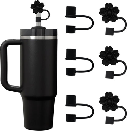 6PCS Silicone Straw Covers Cap Compatible with Stanley Cup 30-40 oz Tumbler with Handle 10mm Straw Toppers，Dust-Proof Reusable Straw Cover for Stanley Cup Accessories (Black)