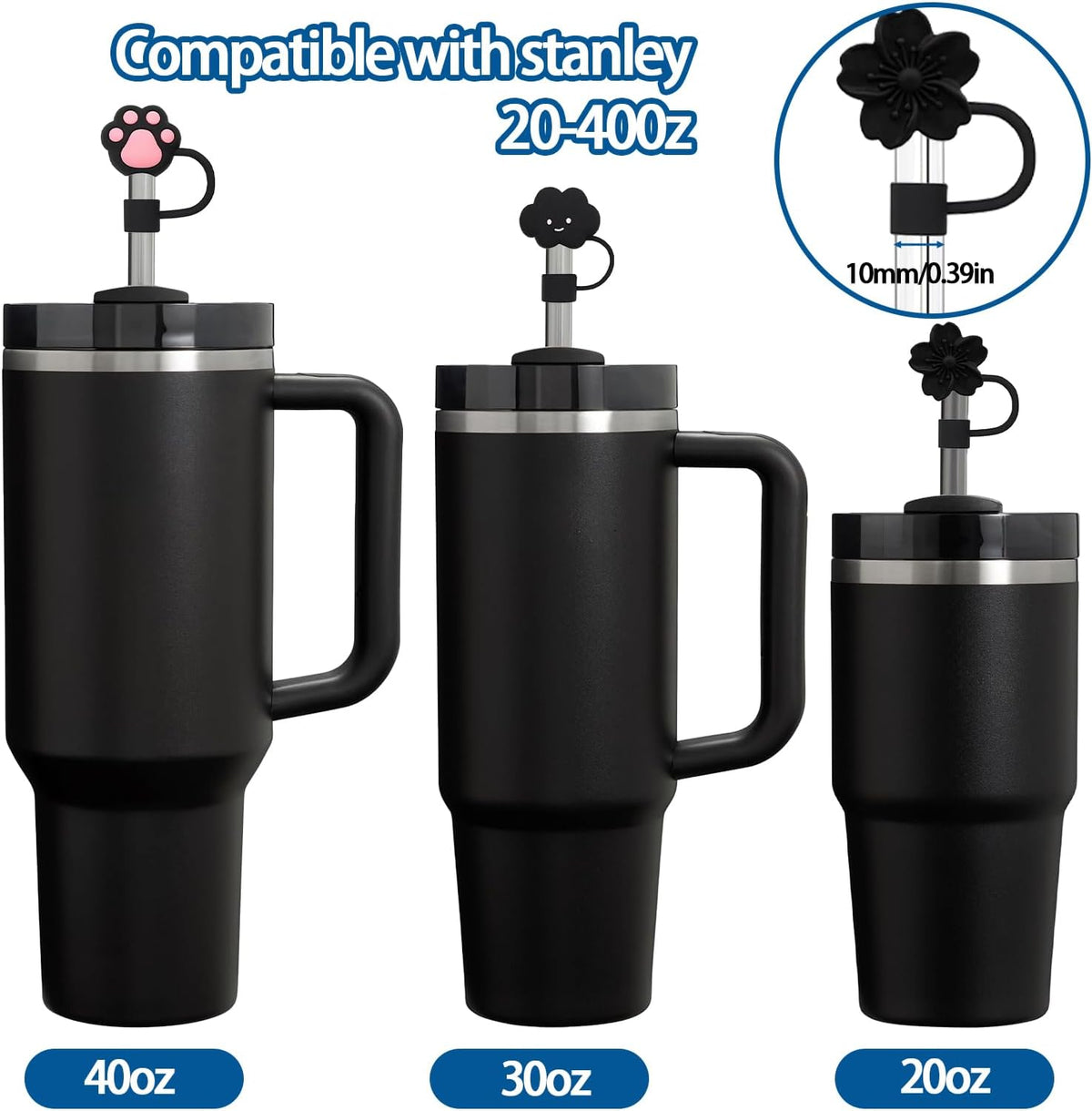 6PCS Silicone Straw Covers Cap Compatible with Stanley Cup 30-40 oz Tumbler with Handle 10mm Straw Toppers，Dust-Proof Reusable Straw Cover for Stanley Cup Accessories (Black)
