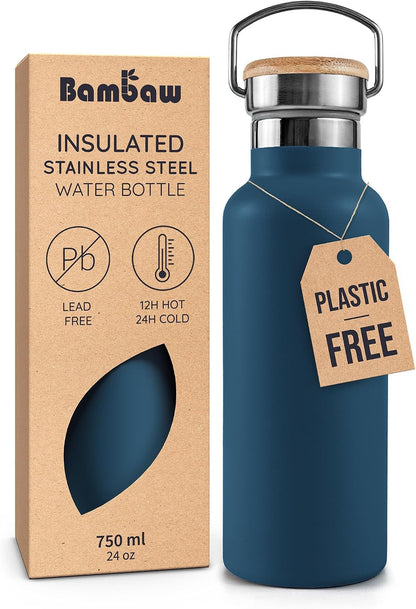 24 oz Stainless Steel Water Bottle, Insulated Metal Water Bottle Wide Mouth, Great for Hiking & Travel, With Handle Easy to Carry, Rust-Resistant & Durable (Aegean Blue)