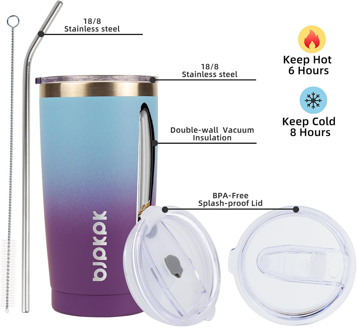 20 oz Coffee Tumbler with Lid & Straw, Insulated Stainless Steel Mug | Double Wall Vacuum, Keeps Hot/Cold, BPA Free, Leak Proof, Iced Coffee Cup Fit Car Holder, Travel & Beach, Lavender Green - Colors A