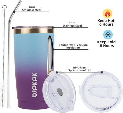 20 oz Coffee Tumbler with Lid & Straw, Insulated Stainless Steel Mug | Double Wall Vacuum, Keeps Hot/Cold, BPA Free, Leak Proof, Iced Coffee Cup Fit Car Holder, Travel & Beach, Lavender Green - Colors A